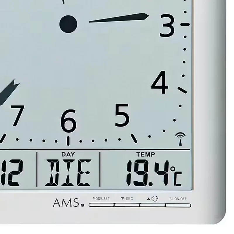 AMS Funk-Wand/ Wanduhr F5898 Wanduhr Silber • Funk-Zeitabgleich • Analog und Digital