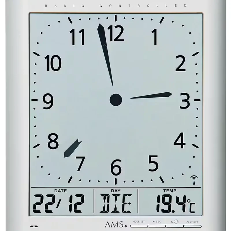 AMS Funk-Wand/ Wanduhr F5898 Wanduhr Silber • Funk-Zeitabgleich • Analog und Digital