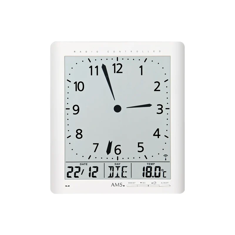 AMS Funk-Wanduhr F5896 Wanduhr Weiß • Analoge und digitale Anzeige • Auch als Wanduhr nutzbar