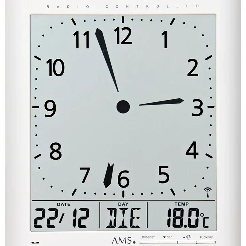 AMS Funk-Wanduhr F5896 Wanduhr Weiß • Analoge und digitale Anzeige • Auch als Wanduhr nutzbar