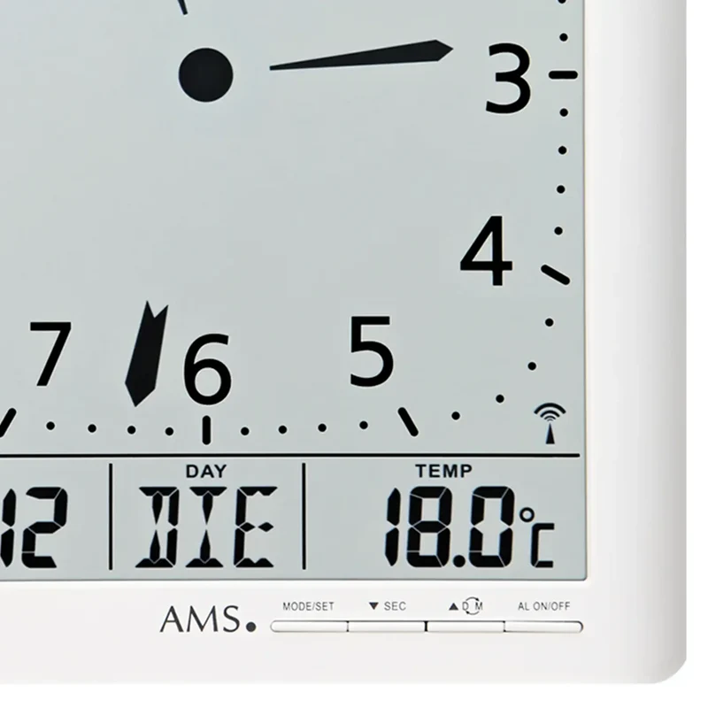AMS Funk-Wanduhr F5896 Wanduhr Weiß • Analoge und digitale Anzeige • Auch als Wanduhr nutzbar