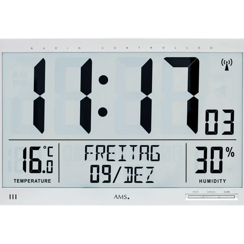AMS F5888 Wanduhr Silber • Funk-Uhrwerk mit Digitalanzeige • Temperatur und Luftfeuchtigkeit