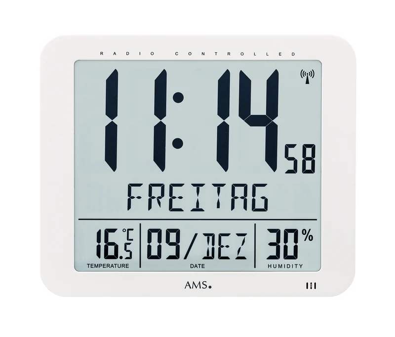 AMS Funk-Wanduhr F5886 Wanduhr Weiß • Digitale Anzeige • Funk-Zeitempfang