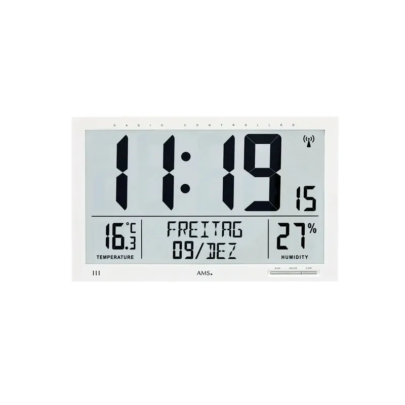 AMS F5887 Wanduhr Weiß • Digitalanzeige mit Funk • Temperatur- und Feuchtigkeitsanzeige