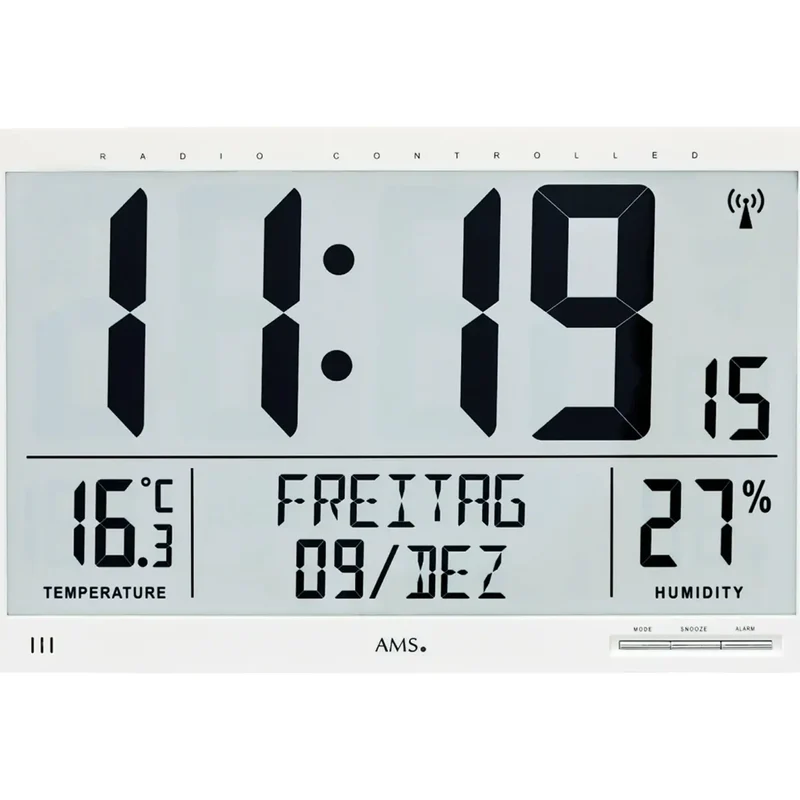 AMS F5887 Wanduhr Weiß • Digitalanzeige mit Funk • Temperatur- und Feuchtigkeitsanzeige