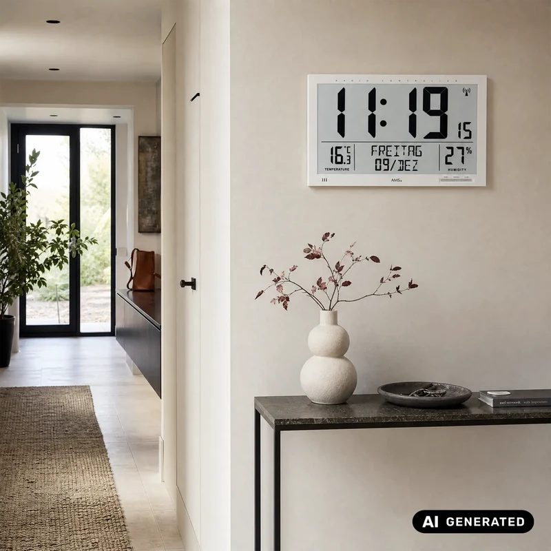AMS F5887 Wanduhr Weiß • Digitalanzeige mit Funk • Temperatur- und Feuchtigkeitsanzeige