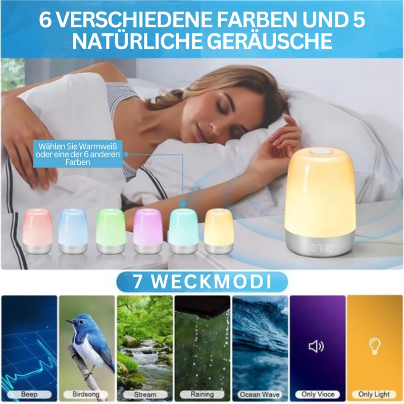 Wake-up Light met Natuurgeluiden en Zonsopgang-simulatie – Oplaadbaar USB-C Nachtlampje met Dimbaar Warm Licht | Sansoti