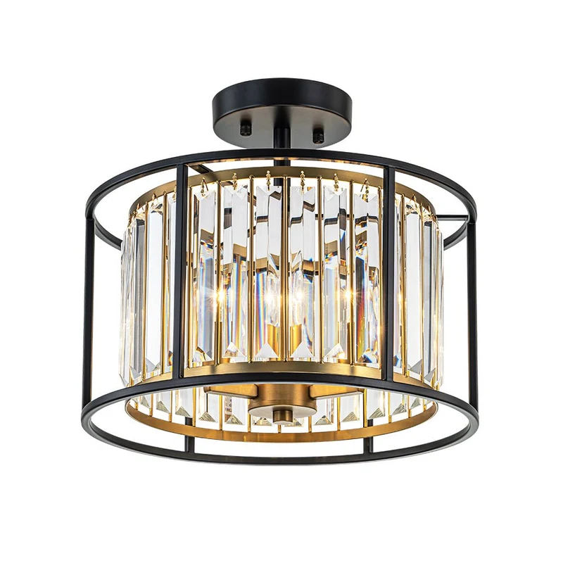 Kristallen Plafondlamp met Drie Lichtpunten en Kaarsverlichting – Zwart en Messing Afwerking | Sansoti