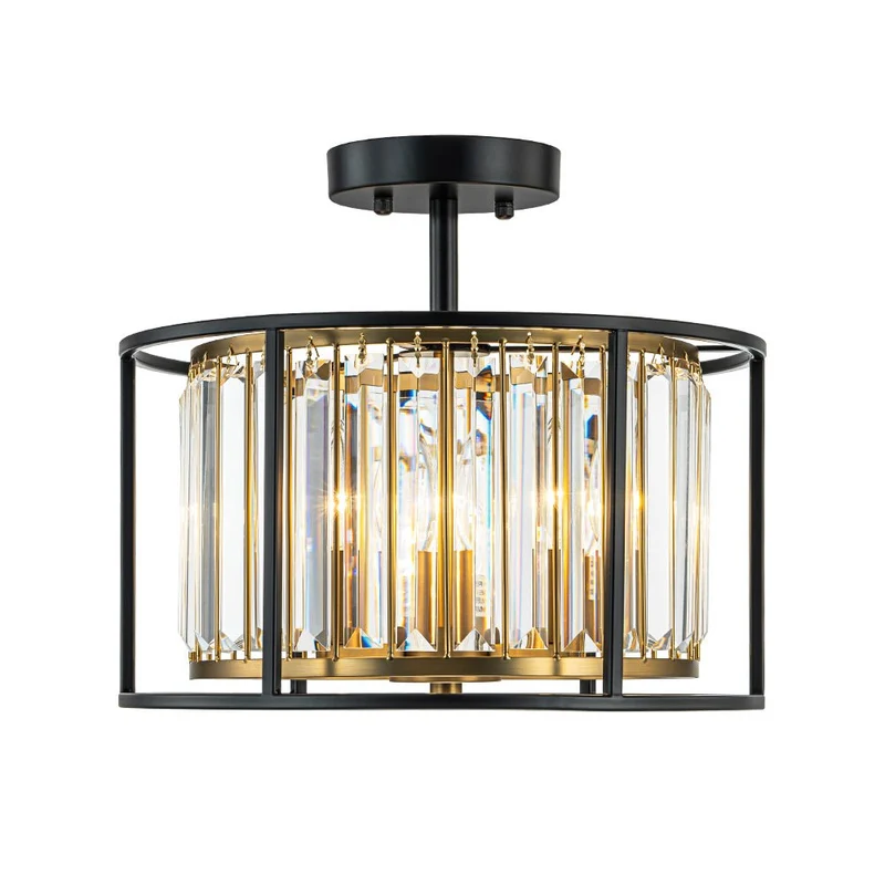 Kristallen Plafondlamp met Drie Lichtpunten en Kaarsverlichting – Zwart en Messing Afwerking | Sansoti