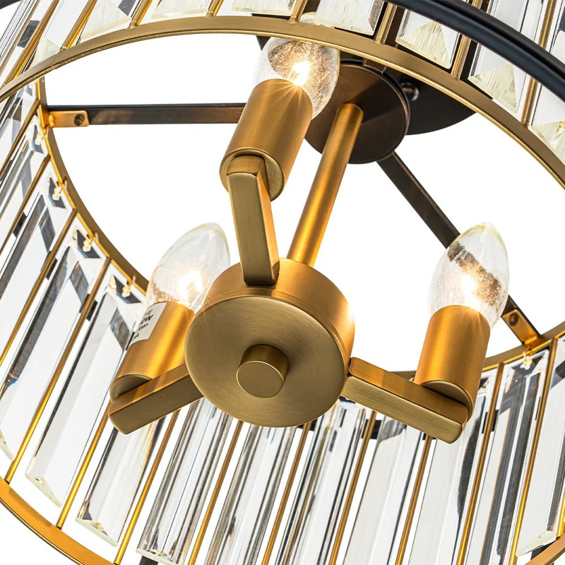 Kristallen Plafondlamp met Drie Lichtpunten en Kaarsverlichting – Zwart en Messing Afwerking | Sansoti