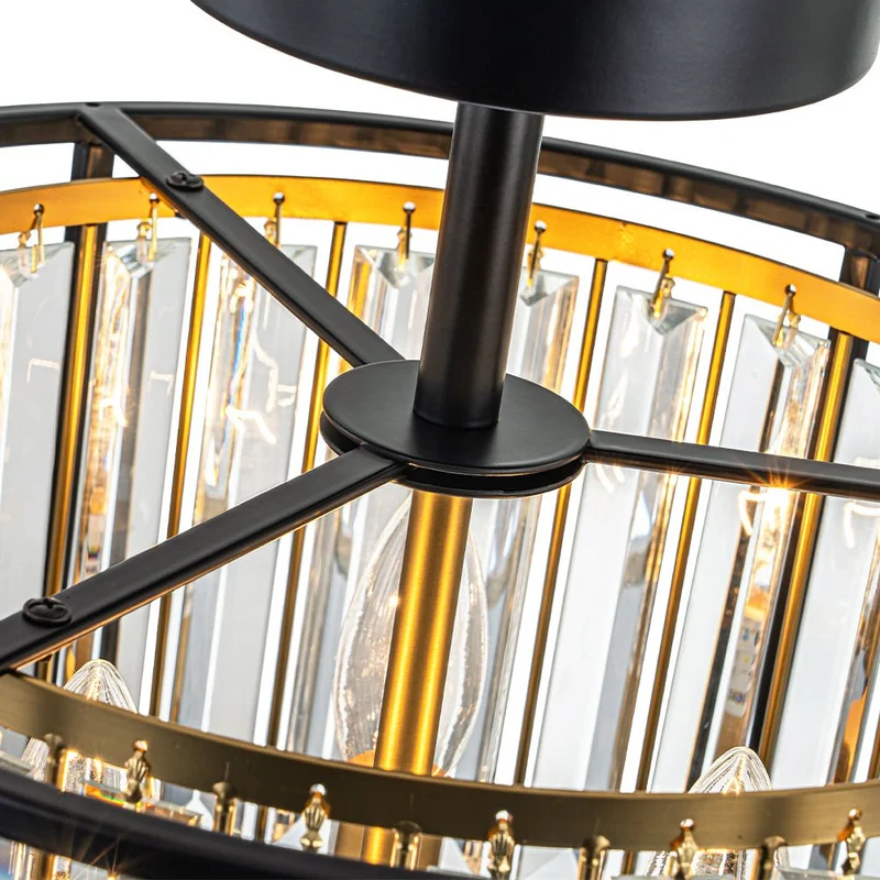 Kristallen Plafondlamp met Drie Lichtpunten en Kaarsverlichting – Zwart en Messing Afwerking | Sansoti