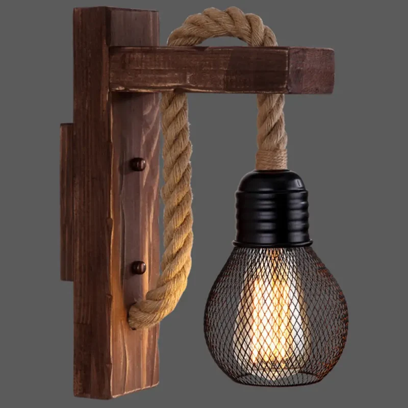 Houten Wandlamp met Touwarm en Glazen Lantaarn – Scandinavische Sfeer voor Slaapkamer en Hal | Sansoti