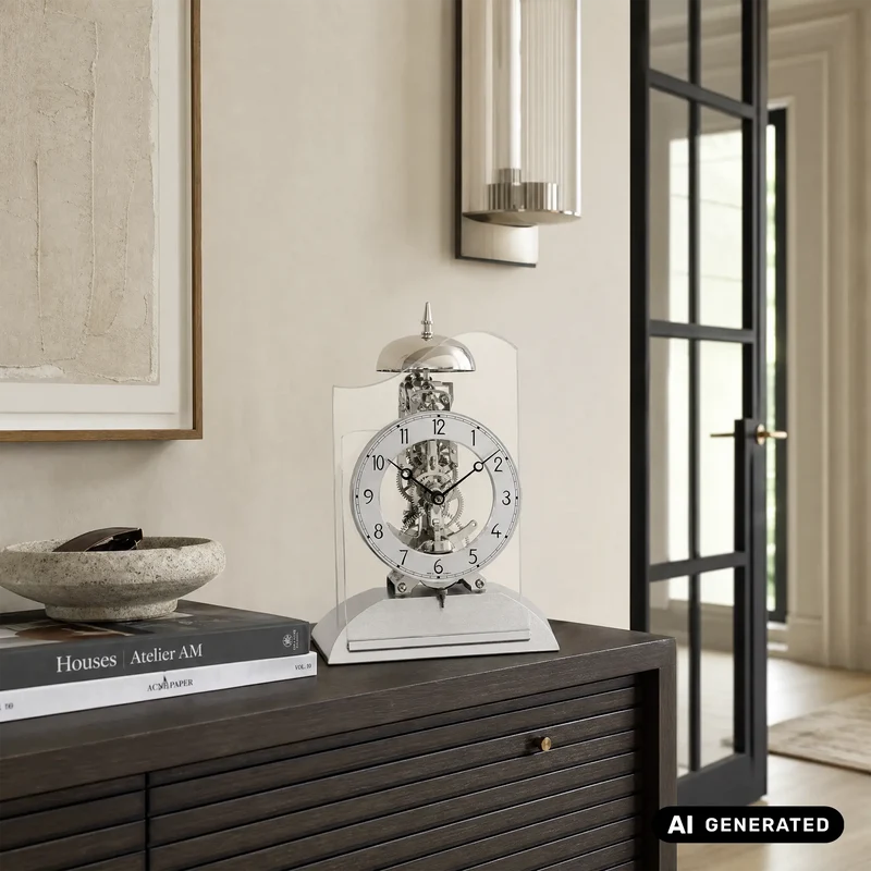 AMS T1186 Tischuhr Silber • 14-Tage-Schlagwerk • Mineralglas
