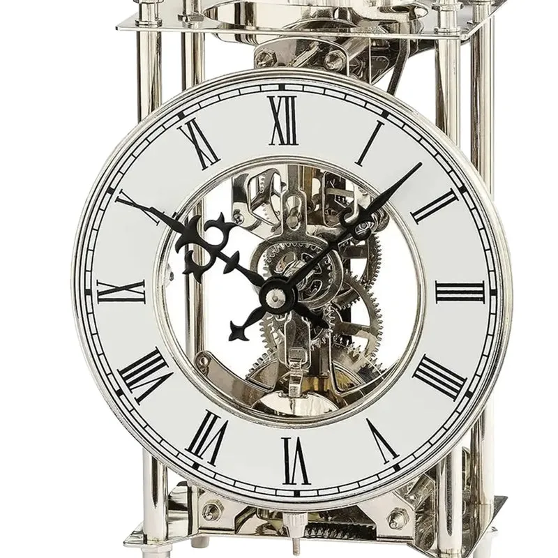 AMS Stiluhr T1184 Tischuhr Silber • 14-Tage-Schlagwerk auf Glocke • Skelett-Uhrwerk