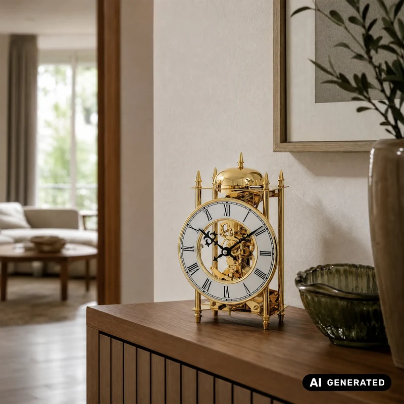 AMS Skelett-Tischuhr 1183 Tischuhr Gold • 14-Tage-Schlagwerk • Offenliegendes Uhrwerk