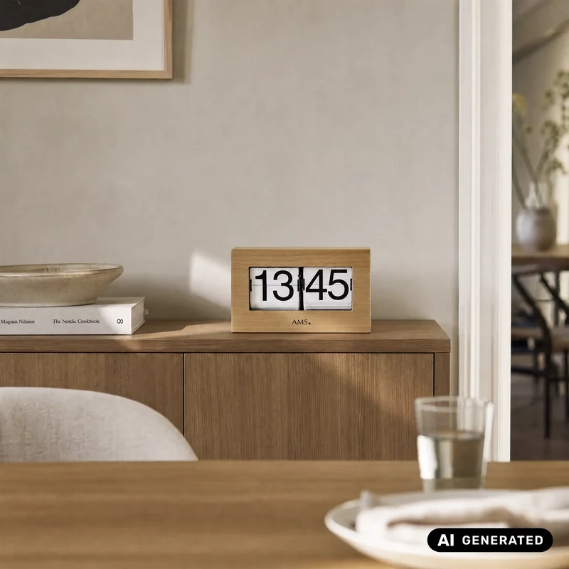 AMS 1175/18 Tischuhr / Flip Clock Buche • Massivholz-Gehäuse • 24-Stunden-Anzeige