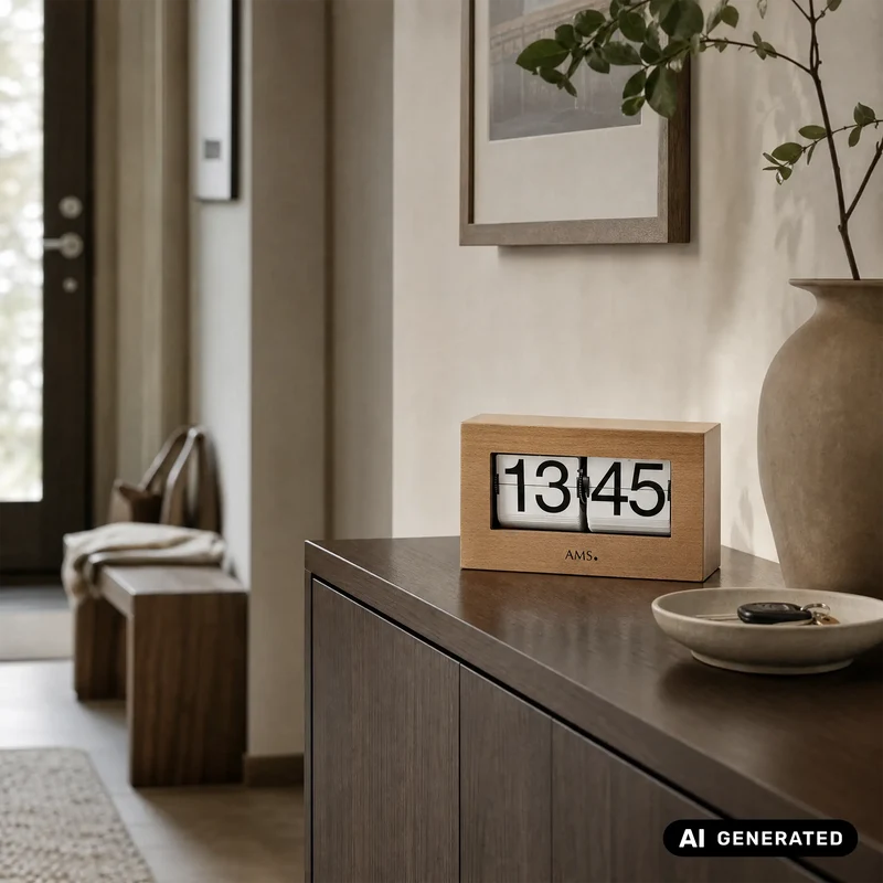 AMS 1175/18 Tischuhr / Flip Clock Buche • Massivholz-Gehäuse • 24-Stunden-Anzeige