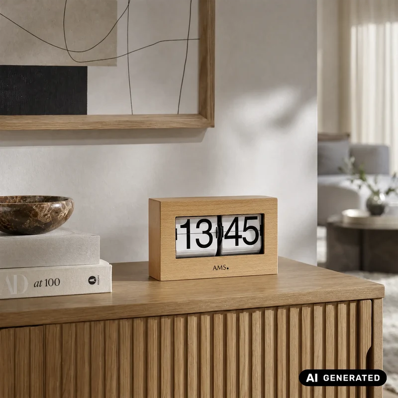 AMS 1175/18 Tischuhr / Flip Clock Buche • Massivholz-Gehäuse • 24-Stunden-Anzeige