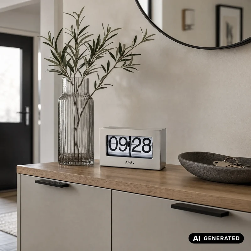 AMS T1175 Tischuhr / Flip Clock Silber • Quarzwerk • 24h Zifferblatt