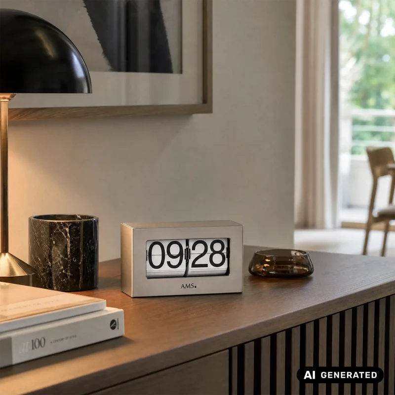 AMS T1175 Tischuhr / Flip Clock Silber • Quarzwerk • 24h Zifferblatt