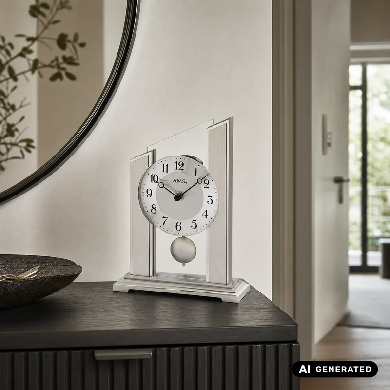 AMS Pendel-Tischuhr T1169 Tischuhr Silber • Quarzpendelwerk • Made in Germany