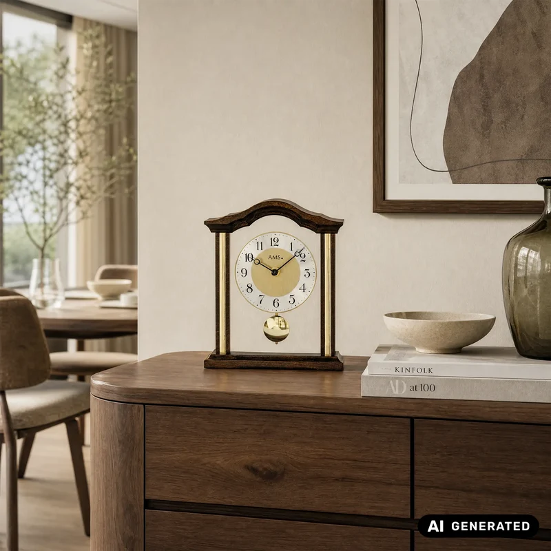 AMS T1174/1 Tischuhr Nussbaum • Quarz-Pendelwerk • Massivholz Nussbaum