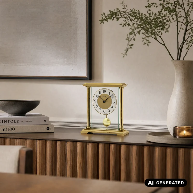 AMS T1143 Tischuhr Gold • Quarz-Pendelwerk • Mineralglas