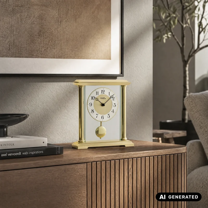 AMS T1143 Tischuhr Gold • Quarz-Pendelwerk • Mineralglas