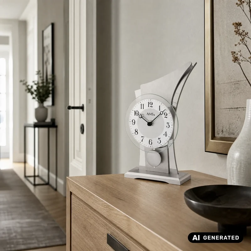 AMS T1138 Tischuhr Silber • Pendel-Quarzwerk • Geschwungenes Aluminiumgehäuse