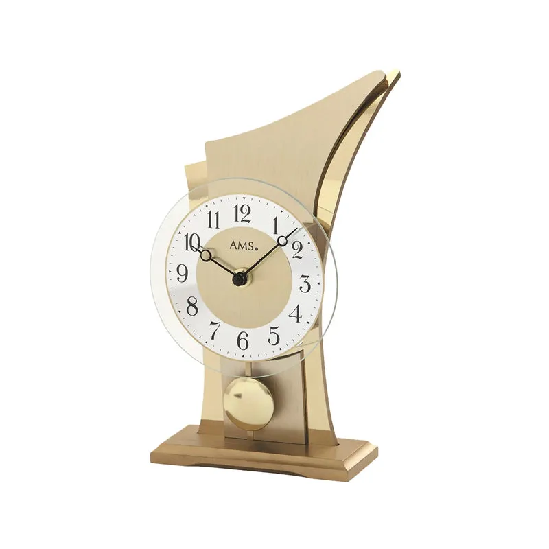 AMS Quarz-Pendeltischuhr T1137 Tischuhr Gold • Geschwungenes Messinggehäuse • Quarzwerk mit Pendel
