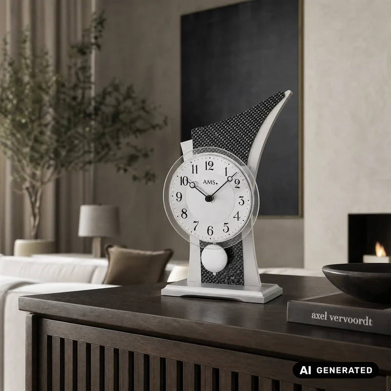 AMS T1140 Tischuhr Carbon-Applikation • Quarz-Pendelwerk • Geschwungenes Holzgehäuse