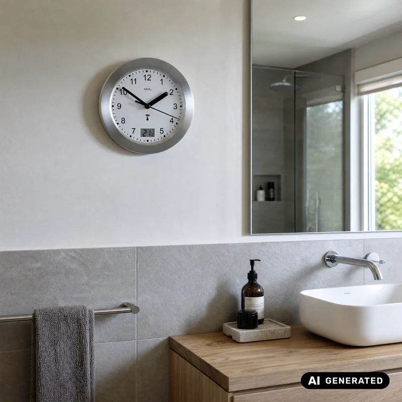 AMS Badezimmeruhr F5925 Tischuhr Anthrazit • Funkwerk mit Temperaturanzeige • Wasserdichte Badeuhr