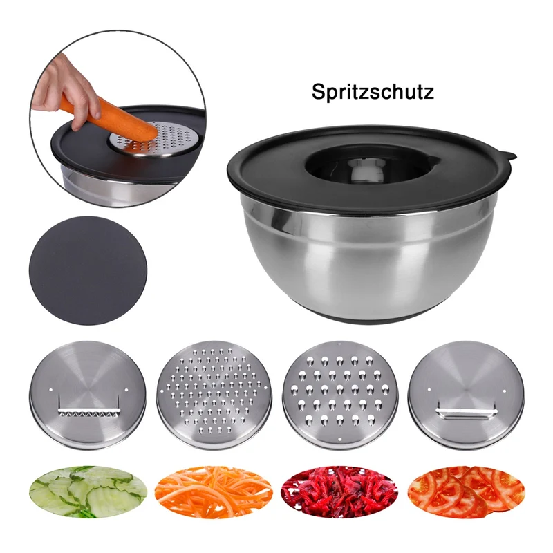 TP Edelstahl Schüssel-Set inkl. Deckel, Skala, und 4 Einsätzen zum Gemüsereiben