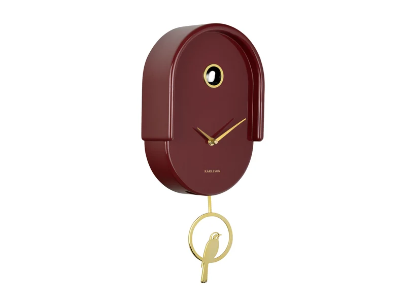 Karlsson Tweet KA6069RD Wanduhr Burgunderrot • Kuckucksvogel zur vollen Stunde • Goldenes Pendel