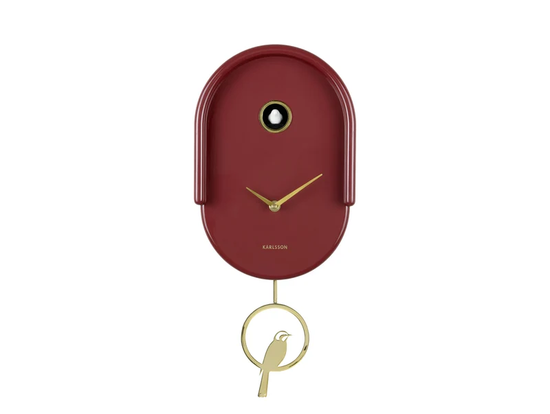 Karlsson Tweet KA6069RD Wanduhr Burgunderrot • Kuckucksvogel zur vollen Stunde • Goldenes Pendel