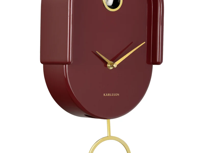 Karlsson Tweet KA6069RD Wanduhr Burgunderrot • Kuckucksvogel zur vollen Stunde • Goldenes Pendel