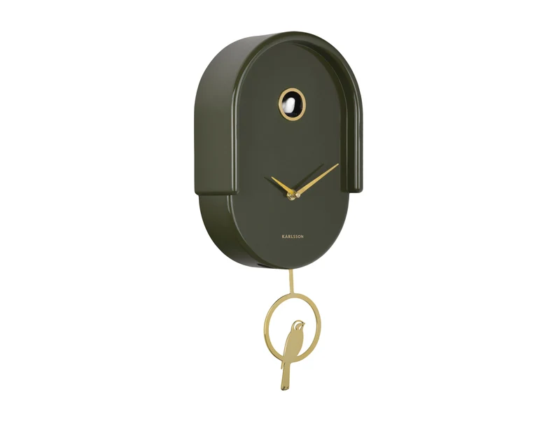 Karlsson Tweet KA6069GR Wanduhr Luxusgrün • Kuckucksvogel zur vollen Stunde • Pendeluhr mit Golddetails