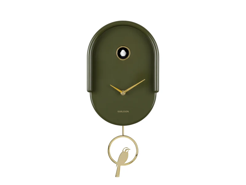 Karlsson Tweet KA6069GR Wanduhr Luxusgrün • Kuckucksvogel zur vollen Stunde • Pendeluhr mit Golddetails