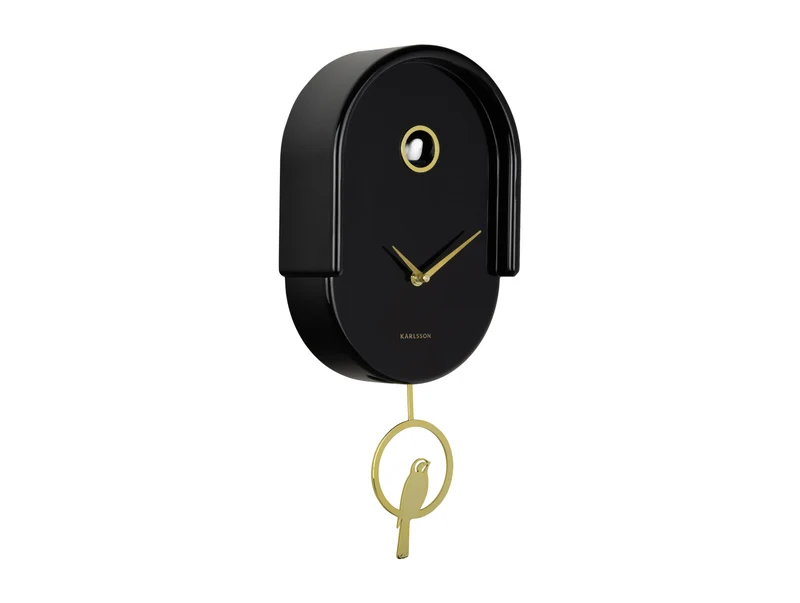 Karlsson Tweet KA6069BK Wanduhr Schwarz • Kuckuck-Effekt zur vollen Stunde • Goldenes Pendel mit Vogel
