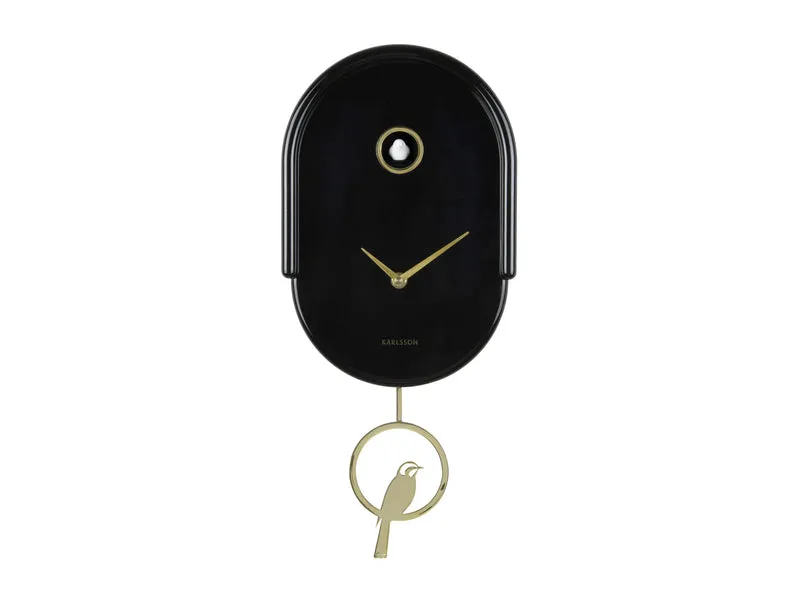 Karlsson Tweet KA6069BK Wanduhr Schwarz • Kuckuck-Effekt zur vollen Stunde • Goldenes Pendel mit Vogel