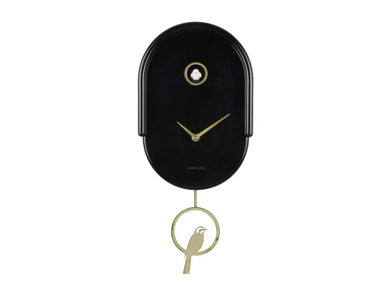 Karlsson Tweet KA6069BK Wanduhr Schwarz • Kuckuck-Effekt zur vollen Stunde • Goldenes Pendel mit Vogel