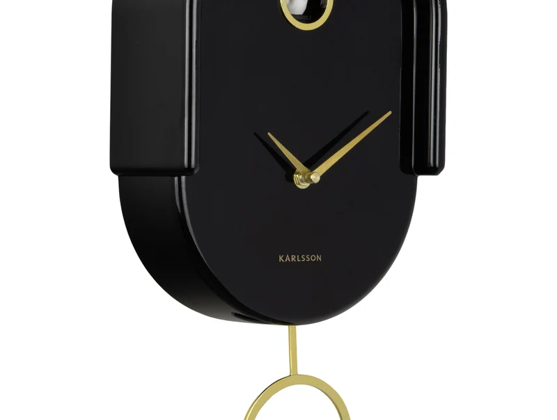 Karlsson Tweet KA6069BK Wanduhr Schwarz • Kuckuck-Effekt zur vollen Stunde • Goldenes Pendel mit Vogel