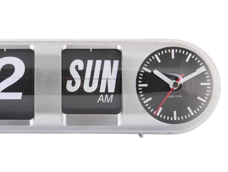 Karlsson Tube Flip KA6032SI Wanduhr Silber • Klappzahlen-Datumsanzeige • Retro-Design
