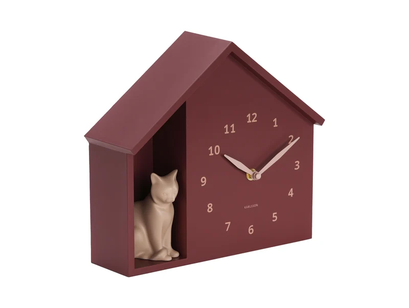 Karlsson Sitting Cat KA6099RD Wanduhr Burgunderrot • Katzen-Miauen zur vollen Stunde • Geräuschloses Sweep-Uhrwerk