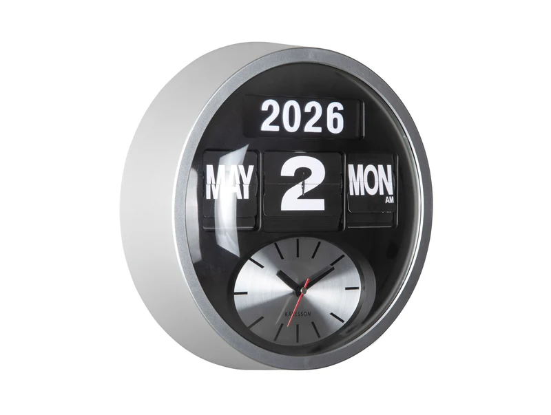 Karlsson Round Flip KA6030SI Wanduhr Silber • Analoge Zeitanzeige • Klappzahlen-Kalender