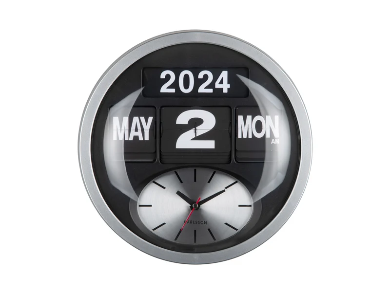 Karlsson Round Flip KA6030SI Wanduhr Silber • Analoge Zeitanzeige • Klappzahlen-Kalender