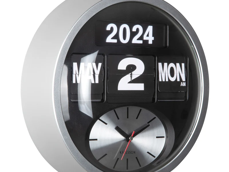 Karlsson Round Flip KA6030SI Wanduhr Silber • Analoge Zeitanzeige • Klappzahlen-Kalender