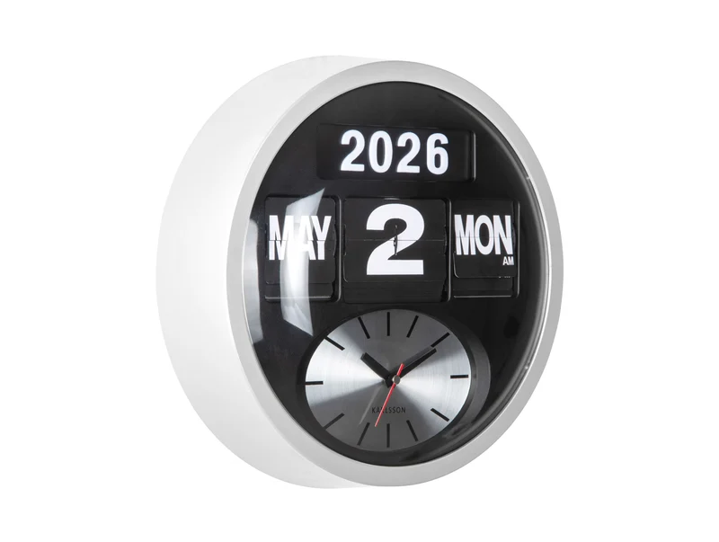 Karlsson Round Flip KA6030WH Wanduhr Weiß • Klappzahlen-Kalender • Analoge Zeitanzeige