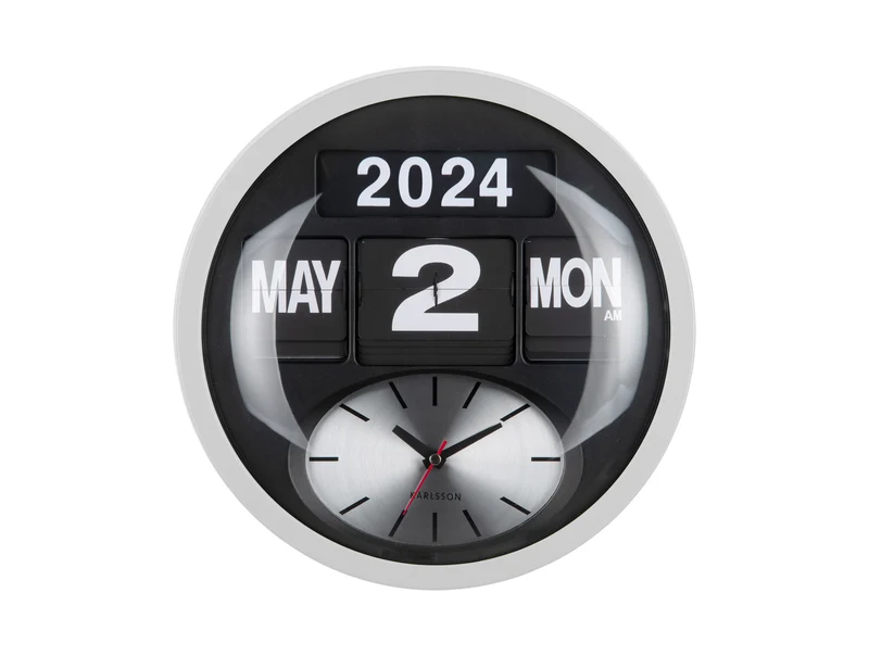 Karlsson Round Flip KA6030WH Wanduhr Weiß • Klappzahlen-Kalender • Analoge Zeitanzeige