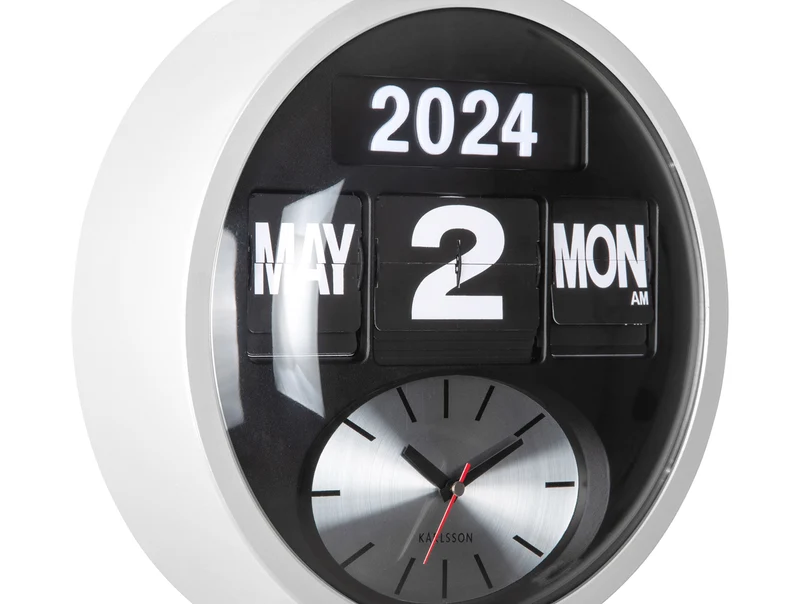 Karlsson Round Flip KA6030WH Wanduhr Weiß • Klappzahlen-Kalender • Analoge Zeitanzeige